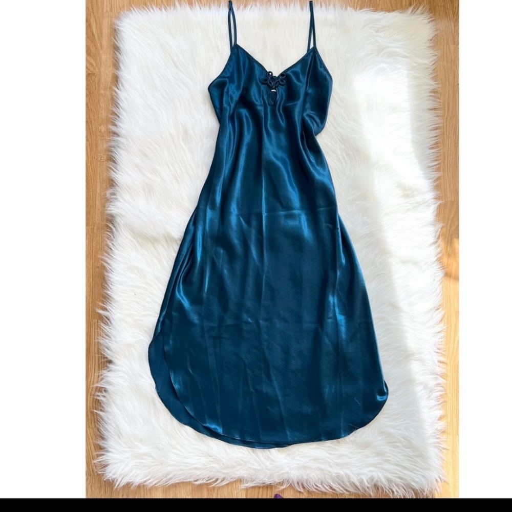 vintage blue satin slip dress long maxi intimate sleepwear keyhole front